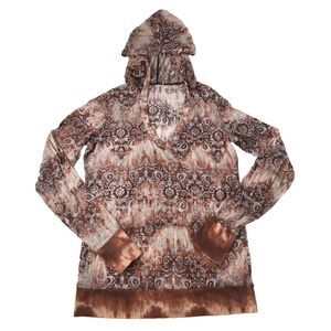 Maurices Y2K Damask Hoodie Top Brown Tie Dye Thumb Holes V-Neck Kangaroo Pocket